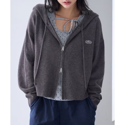 刺しゅう付きダブルジップアップニットパーカー （チャコールグレー）｜詳細画像