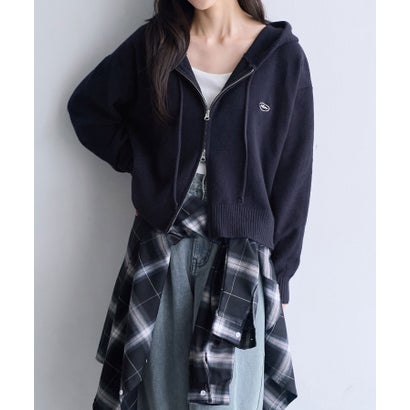 刺しゅう付きダブルジップアップニットパーカー （ネイビー）｜詳細画像