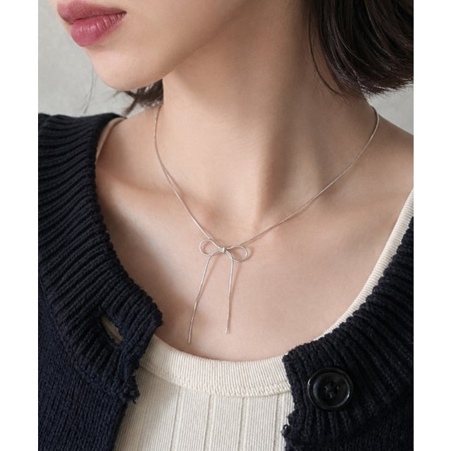 【 金属アレルギー対応 】シンプル リボン ネックレス （シルバー）