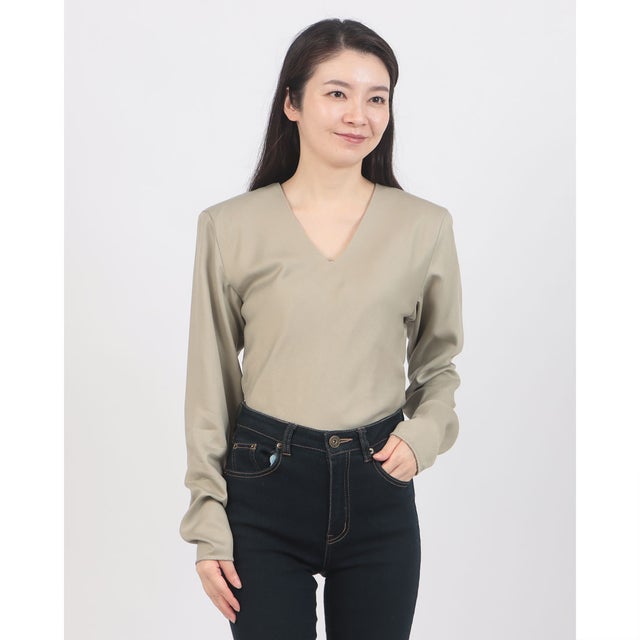 V NECK POWER SHOULDER BODYSUIT （MOSS GREEN）