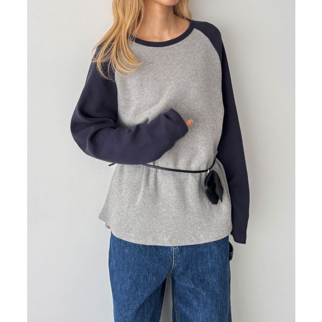 El mar ワッフルラグラン配色ロンT （ネイビー）