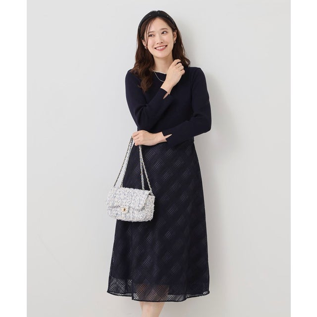 ◆【手洗い可／日本製】ニット×シアーチェックのワンピース （ネイビー(594)）