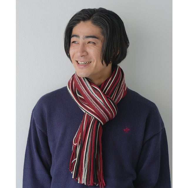 ラッセル編みマルチストライプマフラー （WINE）