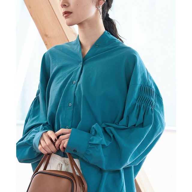 【再入荷 / 新色追加】ピンタックバンドカラーブラウス （TURQUOISE）