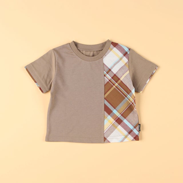 
                    マドラスチェック使い 半袖Tシャツ(80・90cm) （ブラウン）