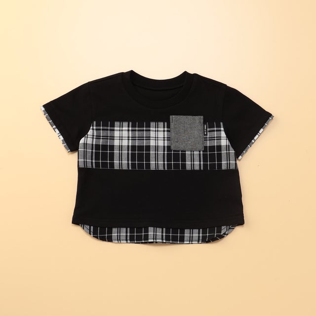 マドラスチェック使い 半袖Tシャツ(80・90cm) （ブラック）