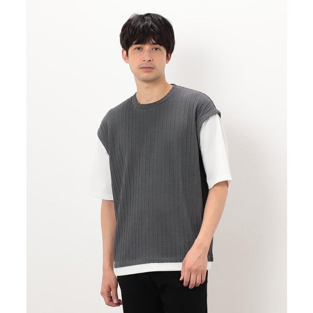 ケーブル柄 ベスト フェイクレイヤードTシャツ （チャコール）
