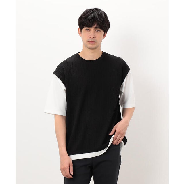 ケーブル柄 ベスト フェイクレイヤードTシャツ （ブラック）