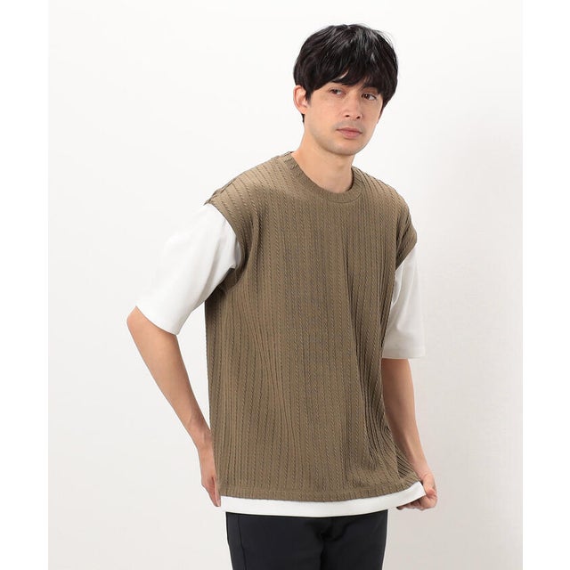 ケーブル柄 ベスト フェイクレイヤードTシャツ （ブラウン）