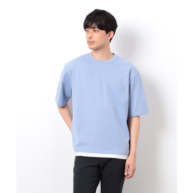 半袖 フェイクレイヤード クルーネックTシャツ （サックスブルー）