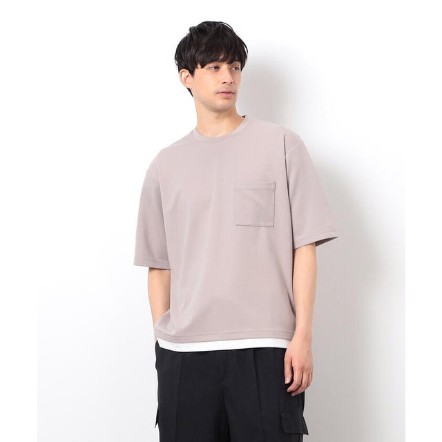半袖 フェイクレイヤード クルーネックTシャツ （ベージュ）