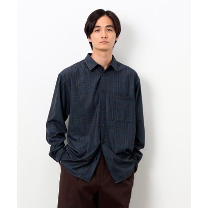 トリコットコーデュロイチェックプリント  ショートポイントカラー シャツ （ネイビー）｜詳細画像