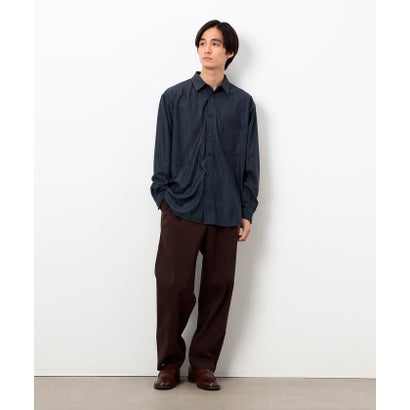 トリコットコーデュロイチェックプリント  ショートポイントカラー シャツ （ネイビー）｜詳細画像