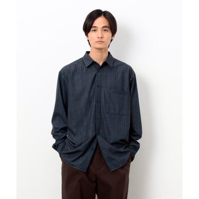 トリコットコーデュロイチェックプリント  ショートポイントカラー シャツ （ネイビー）｜詳細画像