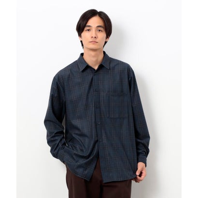 トリコットコーデュロイチェックプリント  ショートポイントカラー シャツ （ネイビー）｜詳細画像