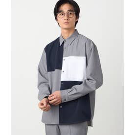 ウールライク ストレッチツイル ブロッキングシャツ （グレー）