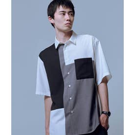 ウールライク ポリエステル レーヨンツイルショートポイント ブロッキング半袖シャツ （ホワイト）