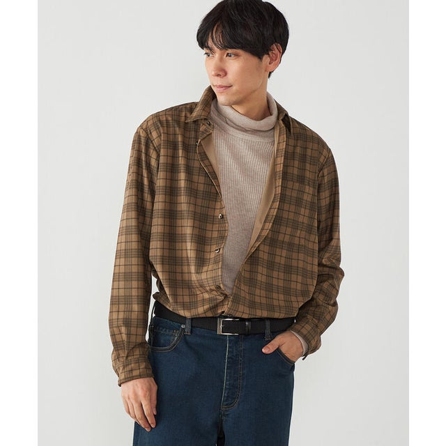 トリコットコーデュロイ チェックプリント ショートポイントカラーシャツ （ベージュ）
