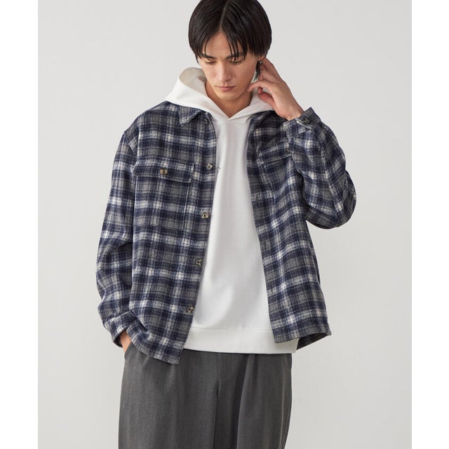 ウールライク シャギーチェック CPOシャツブルゾン （ネイビー）