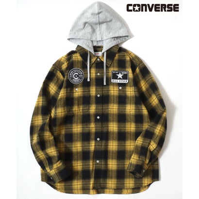 【CONVERSE/コンバース】ワッペン付き フードチェックシャツ 長袖シャツ メンズ トップス 秋冬 （イエロー）｜詳細画像