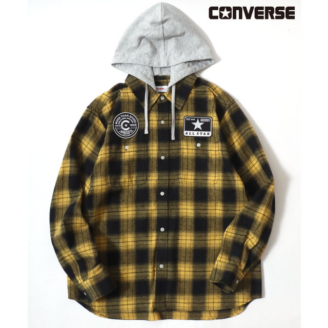 【CONVERSE/コンバース】ワッペン付き フードチェックシャツ 長袖シャツ メンズ トップス 秋冬 （イエロー）