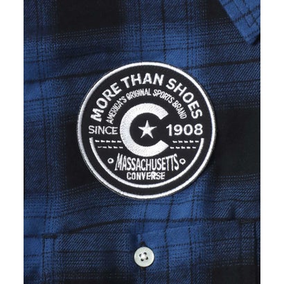 【CONVERSE/コンバース】ワッペン付き フードチェックシャツ 長袖シャツ メンズ トップス 秋冬 （ブラック）｜詳細画像