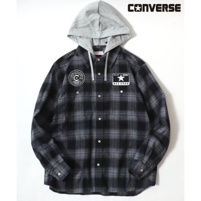 【CONVERSE/コンバース】ワッペン付き フードチェックシャツ 長袖シャツ メンズ トップス 秋冬 （ブラック）｜詳細画像