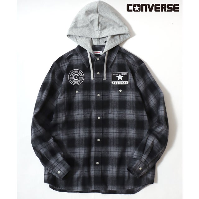 【CONVERSE/コンバース】ワッペン付き フードチェックシャツ 長袖シャツ メンズ トップス 秋冬 （ブラック）