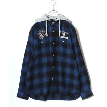 【CONVERSE/コンバース】ワッペン付き フードチェックシャツ 長袖シャツ メンズ トップス 秋冬 （ブルー）｜詳細画像