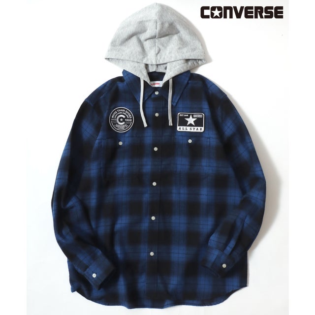 【CONVERSE/コンバース】ワッペン付き フードチェックシャツ 長袖シャツ メンズ トップス 秋冬 （ブルー）