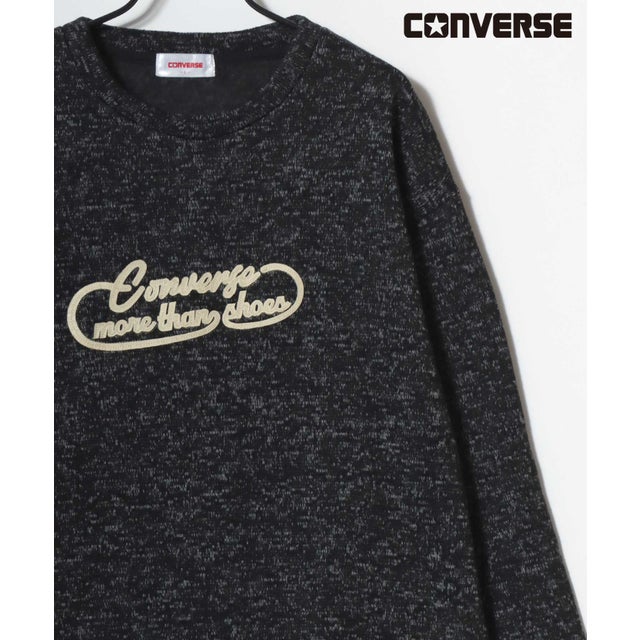 【CONVERSE/コンバース】ニットフリース フェルトワッペン シューズ刺繍 クルーネックスウェット メンズ レディース ユニセックス トップス 秋冬 （ブラック）
