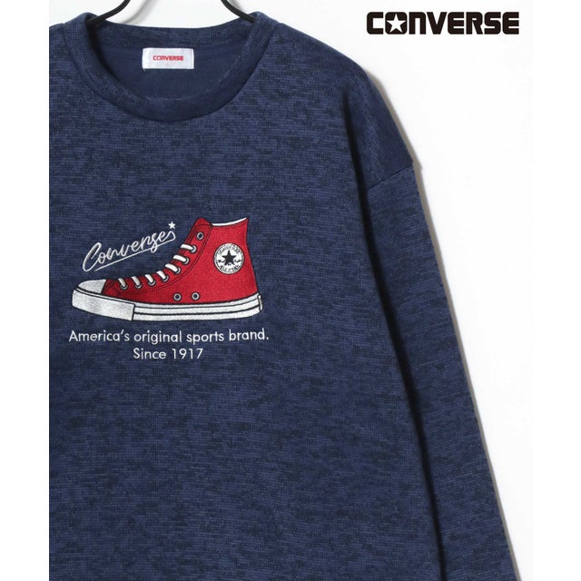 【CONVERSE/コンバース】ニットフリース フェルトワッペン シューズ刺繍 クルーネックスウェット メンズ レディース ユニセックス トップス 秋冬 （ネイビー）