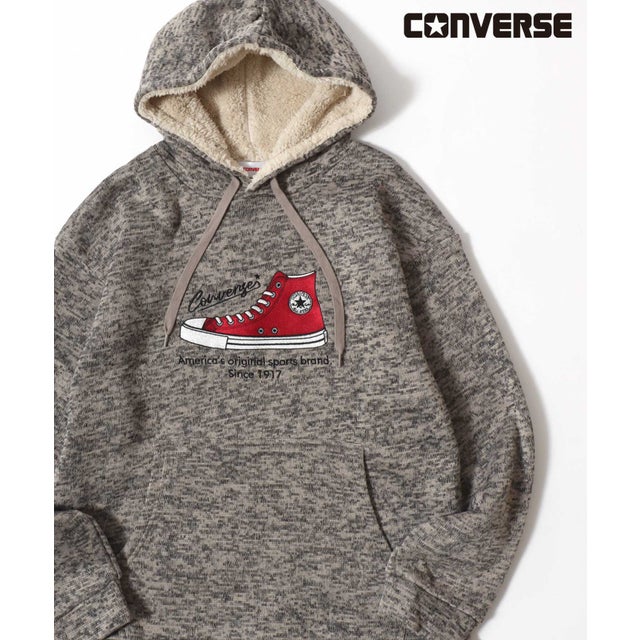 【CONVERSE/コンバース】ニットフリース シューズ刺繍 裏ボア プルパーカー メンズ レディース ユニセックス トップス 秋冬 スウェット フード フーディー （ベージュ）