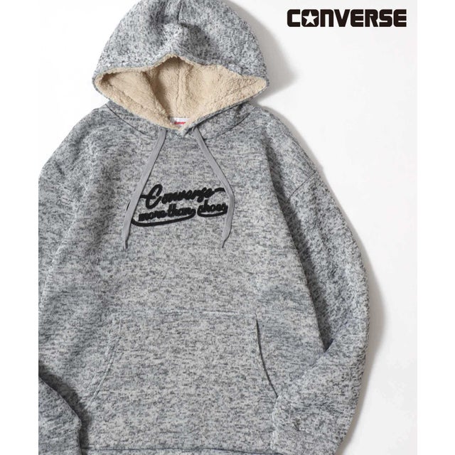 【CONVERSE/コンバース】ニットフリース シューズ刺繍 裏ボア プルパーカー メンズ レディース ユニセックス トップス 秋冬 スウェット フード フーディー （ホワイト）