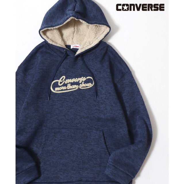 【CONVERSE/コンバース】ニットフリース シューズ刺繍 裏ボア プルパーカー メンズ レディース ユニセックス トップス 秋冬 スウェット フード フーディー （ネイビー）
