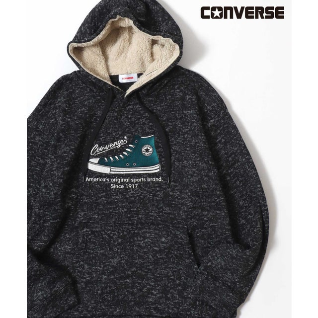 【CONVERSE/コンバース】ニットフリース シューズ刺繍 裏ボア プルパーカー メンズ レディース ユニセックス トップス 秋冬 スウェット フード フーディー （ブラック）