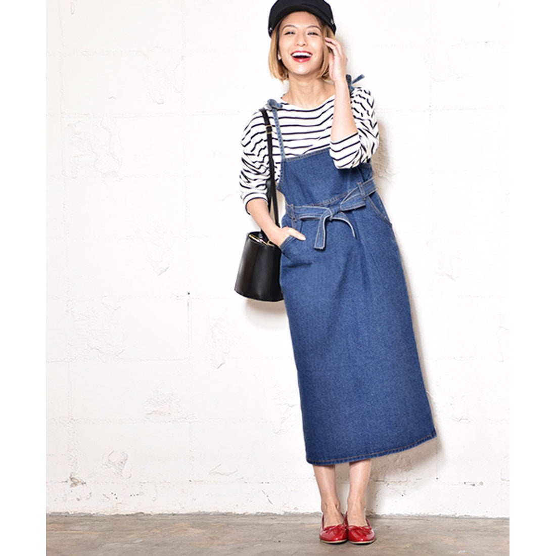 コカ coca ウエストリボンデニムサロペットスカート （Denim） -靴