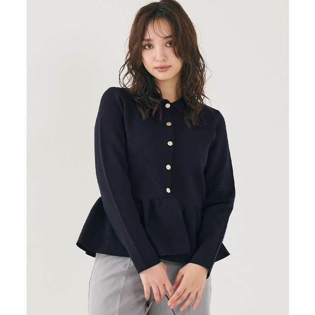 ウォッシャブル 金ボタンフレアニットトップス （Navy）