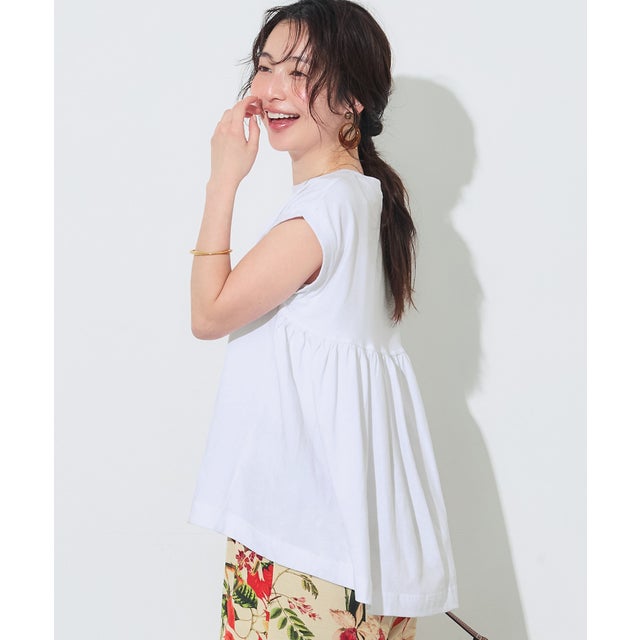 バックギャザーロールアップスリーブTシャツ （White）