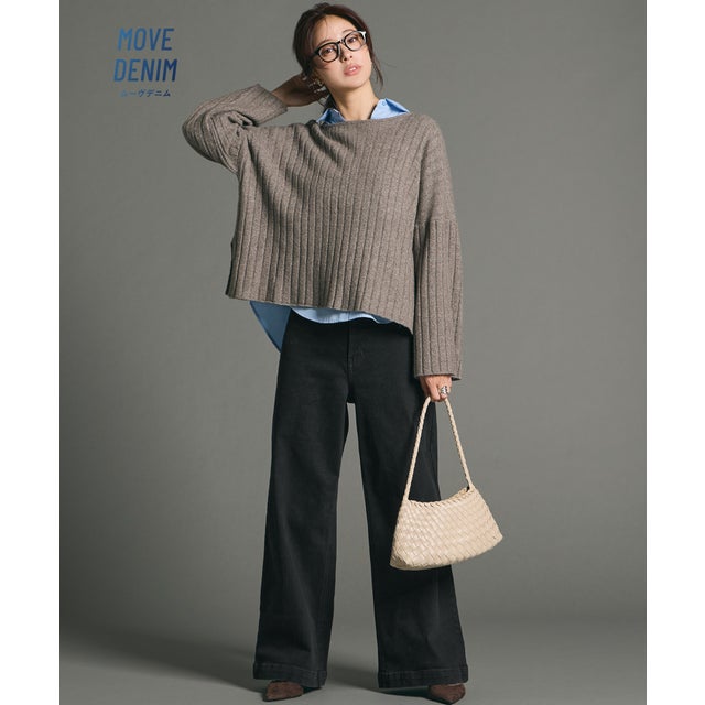 ステッチデザインムーヴデニムパンツ （Black）