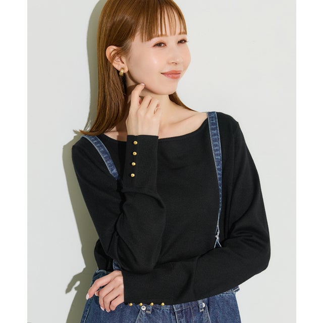 袖金ボタンボートネックニットトップス （Black）