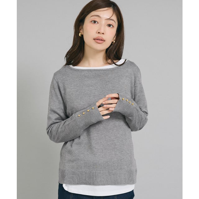 袖金ボタンボートネックニットトップス （Gray）