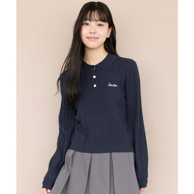 ユース ケーブルポロカラーニットトップス （Navy）