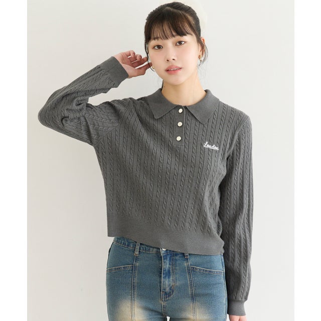 ユース ケーブルポロカラーニットトップス （Gray）