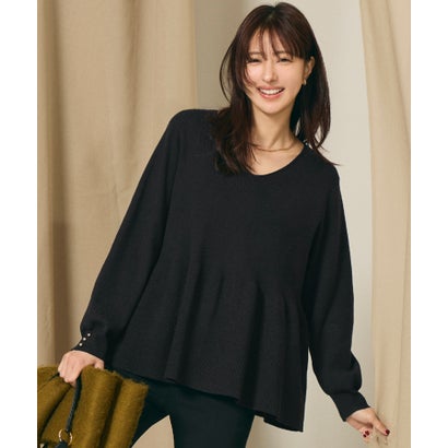 Vネックペプラムニットトップス （Black）｜詳細画像