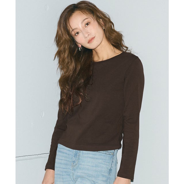 リブクルーネックベーシックロンT （Brown）