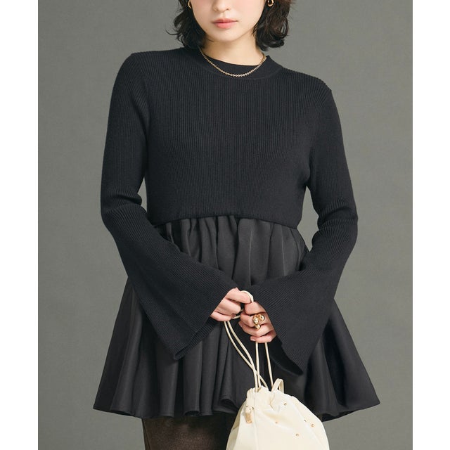 ドッキングゴールドファスナーペプラムニットトップス （Black）