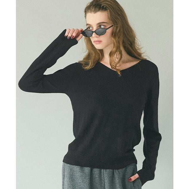 モイスチャーVネックニットトップス （Black）