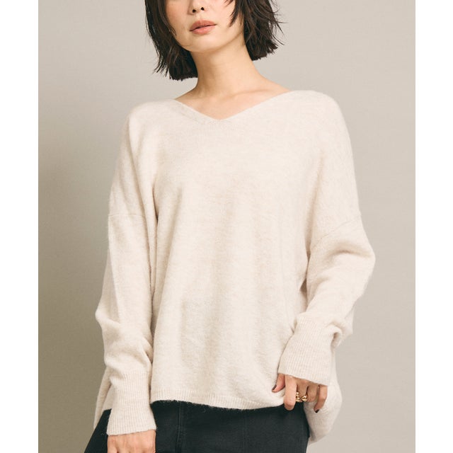 ウールミックスVネックフレアニットトップス （Lt.beige）