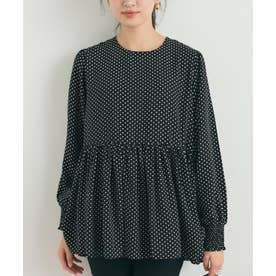 とろみドット長袖ギャザーチュニック （Black）